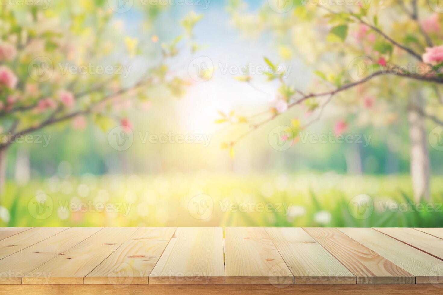 wooden table with flowers in the background photo