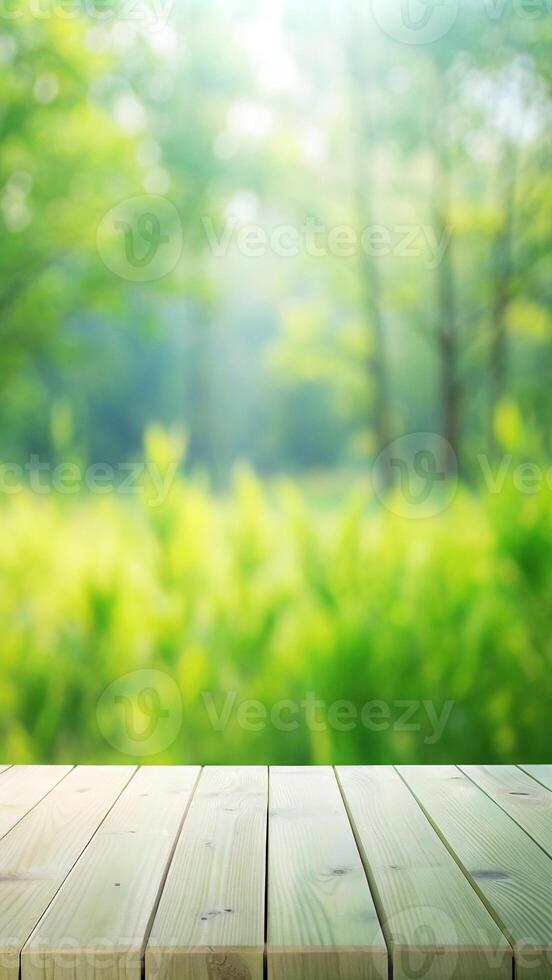 empty wooden table with green forest background photo