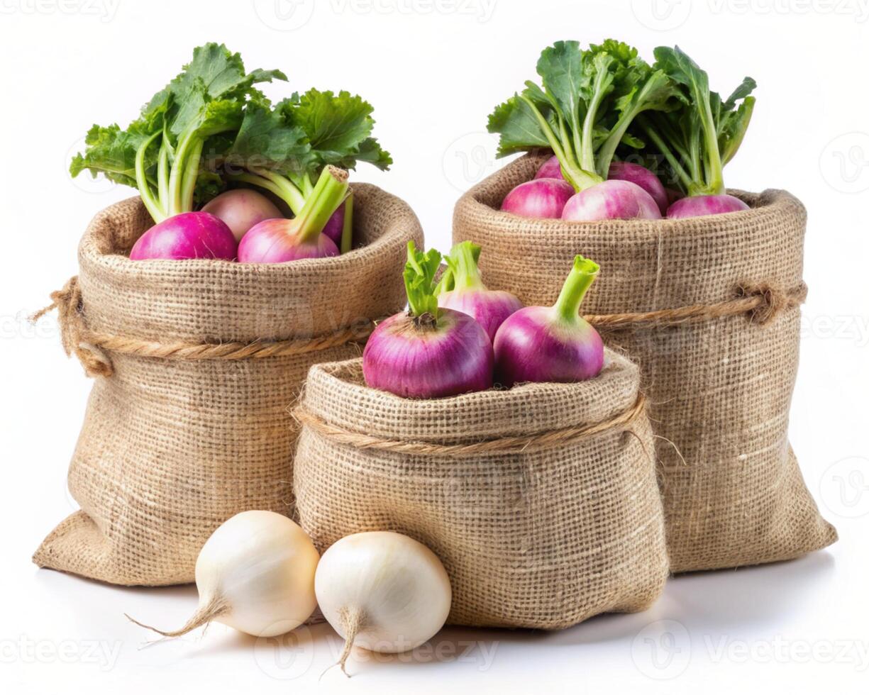three bags of radishes and onions on a white background photo