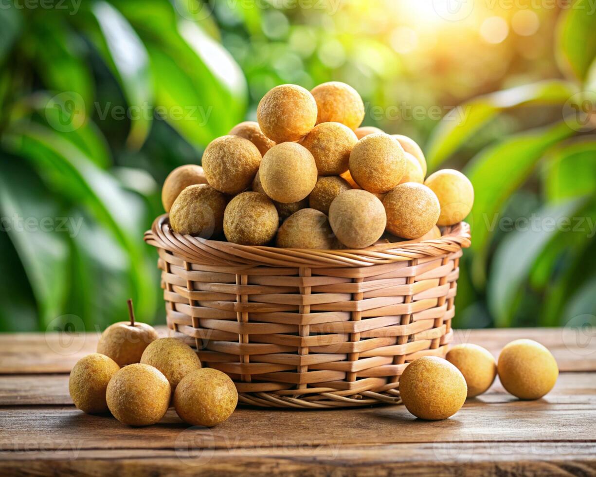 longan fruit in basket on wooden table photo