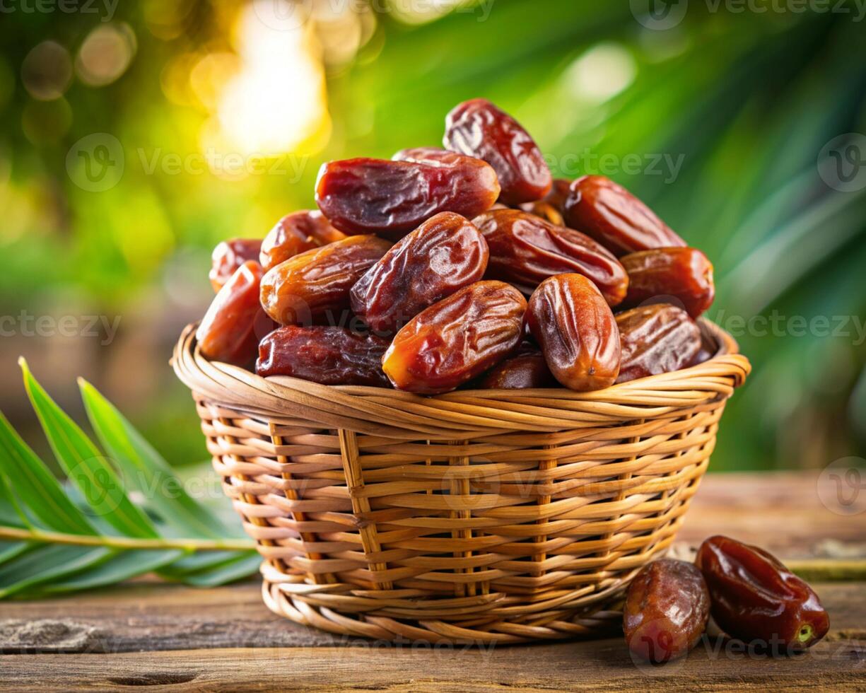 dates in basket on wooden table photo