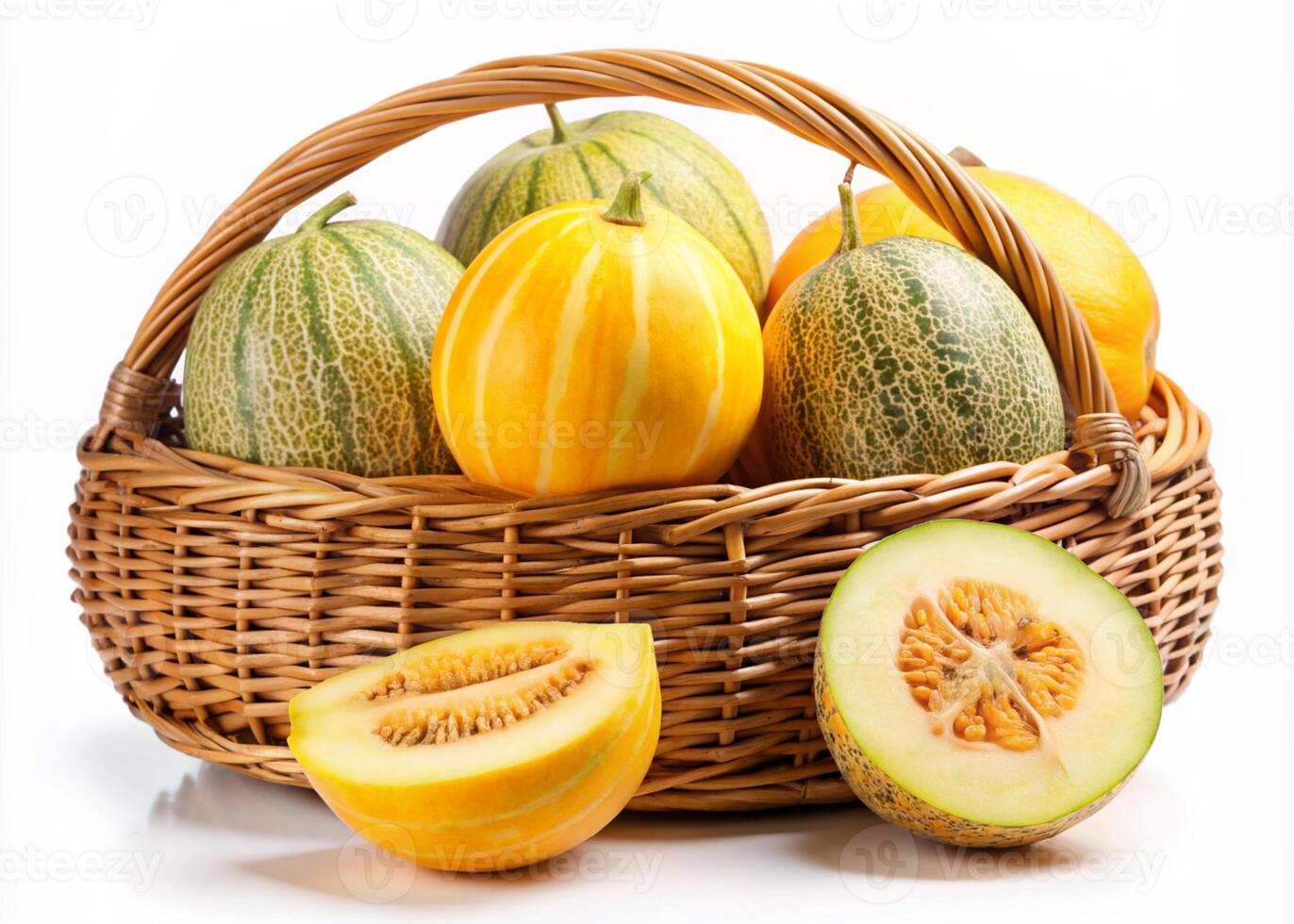 a basket of canary melon on a white background photo