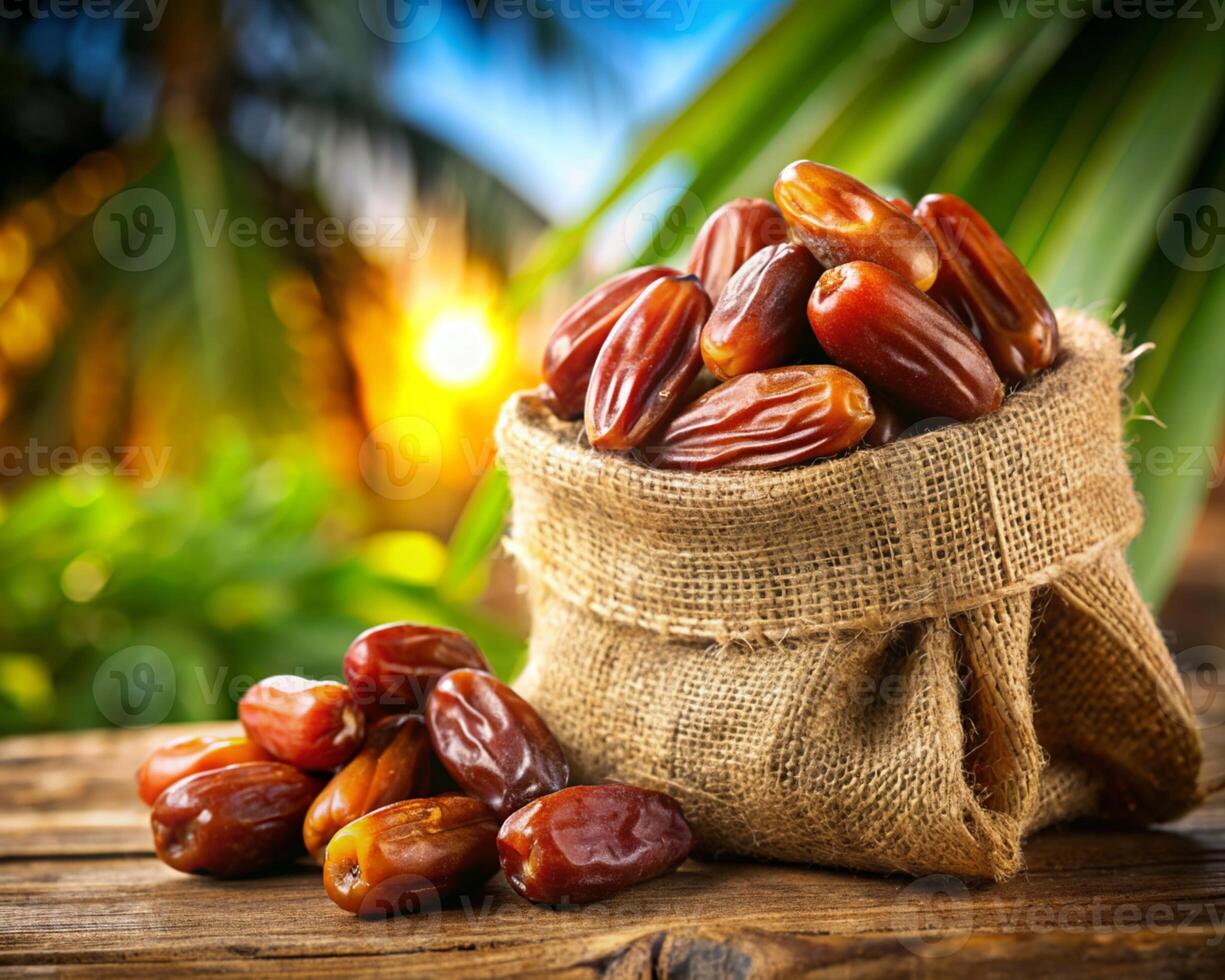 dates in a sack on a wooden table photo