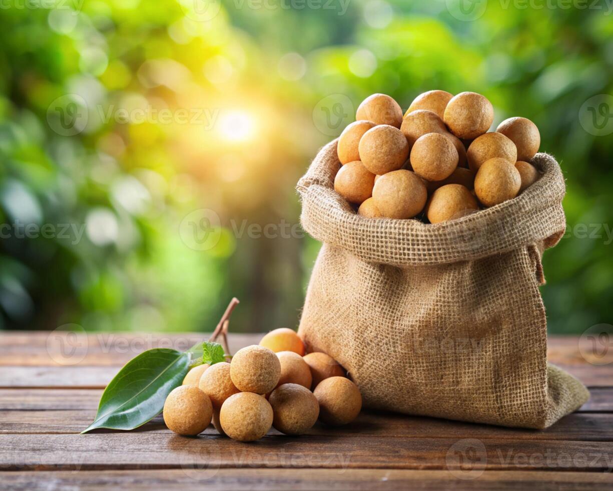 longan fruit in sack on wooden table with sunlight photo