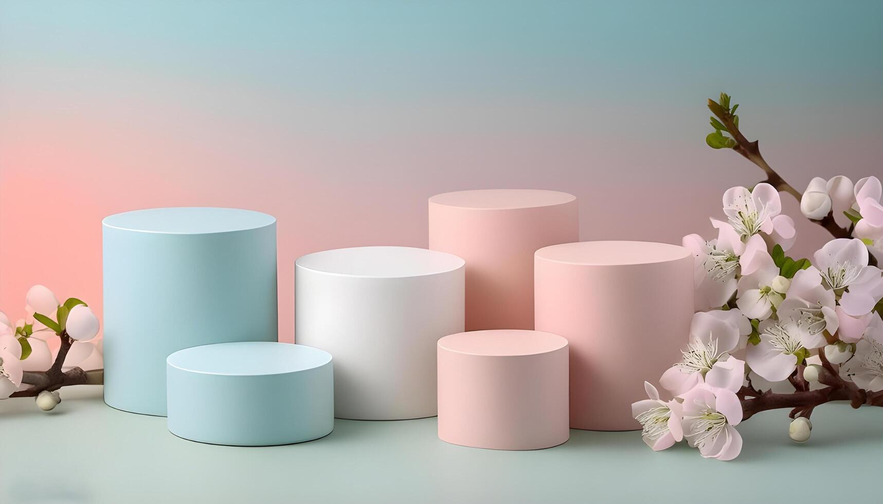 3d background product display podium scene.Set of beige blue pink and white realistic 3d cylinder pedestal podium in pastel colorful abstract rooms photo