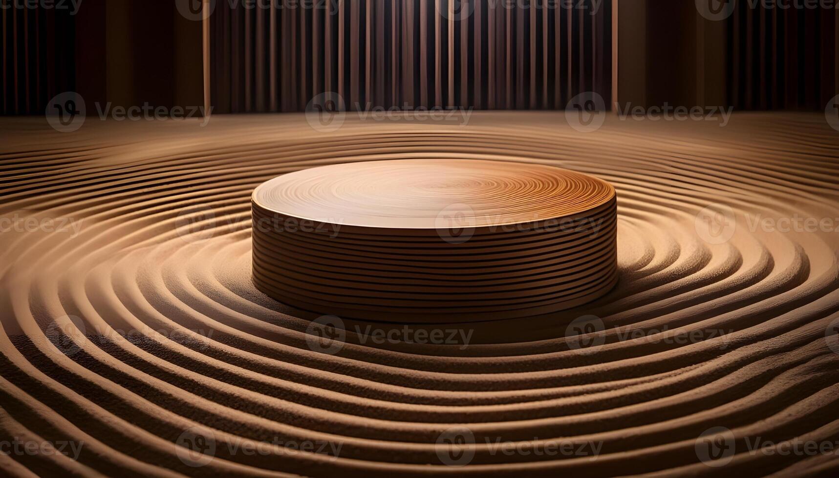 3d background product display podium scene. the podiums with textures reminiscent of raked sand lines found in a Zen garden photo