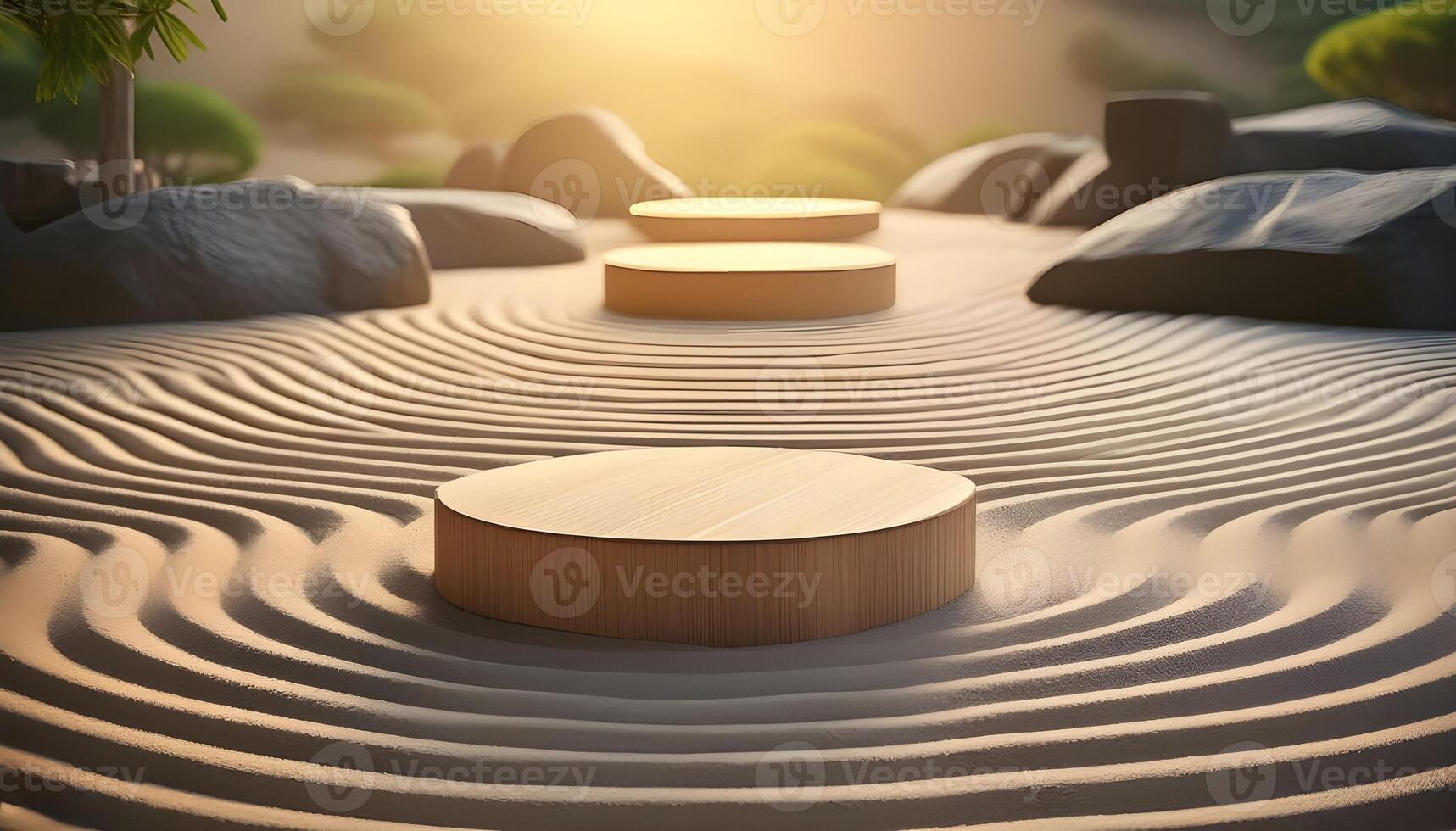 3d background product display podium scene. the podiums with textures reminiscent of raked sand lines found in a Zen garden photo