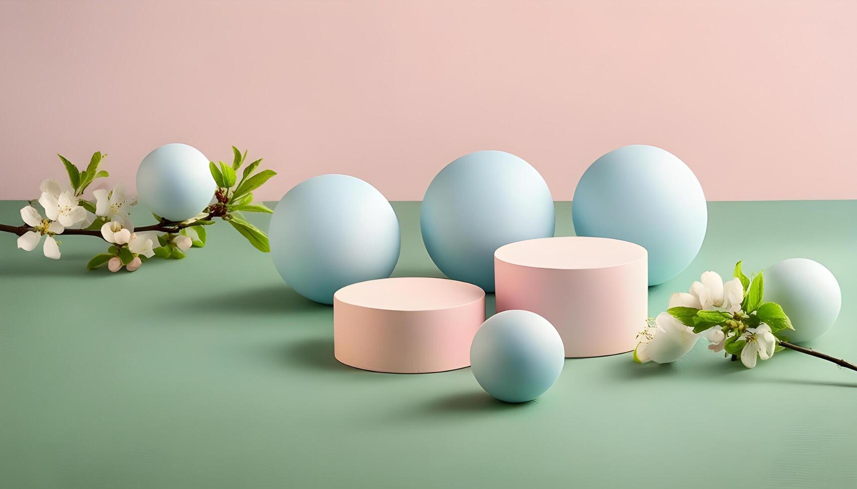 3d background product display podium scene.Set of beige blue pink and white realistic 3d cylinder pedestal podium in pastel colorful abstract rooms photo