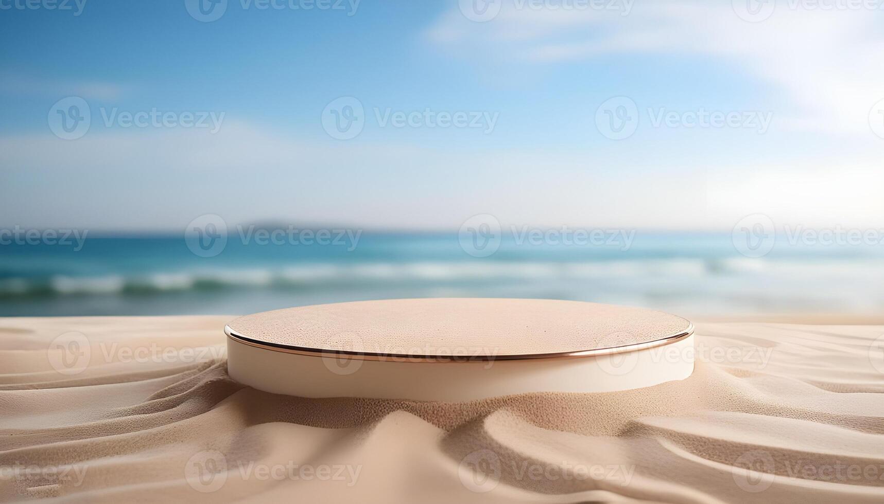 3d Wooden platform podium with a beach product presentation background photo