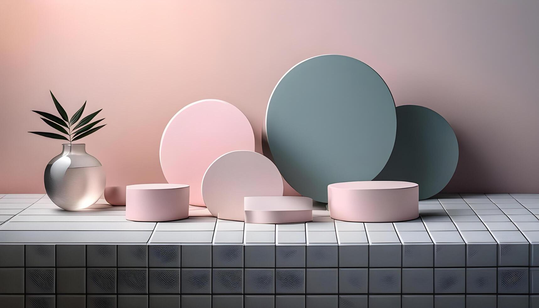 3d background product display podium scene.Set of beige blue pink and white realistic 3d cylinder pedestal podium in pastel colorful abstract rooms photo