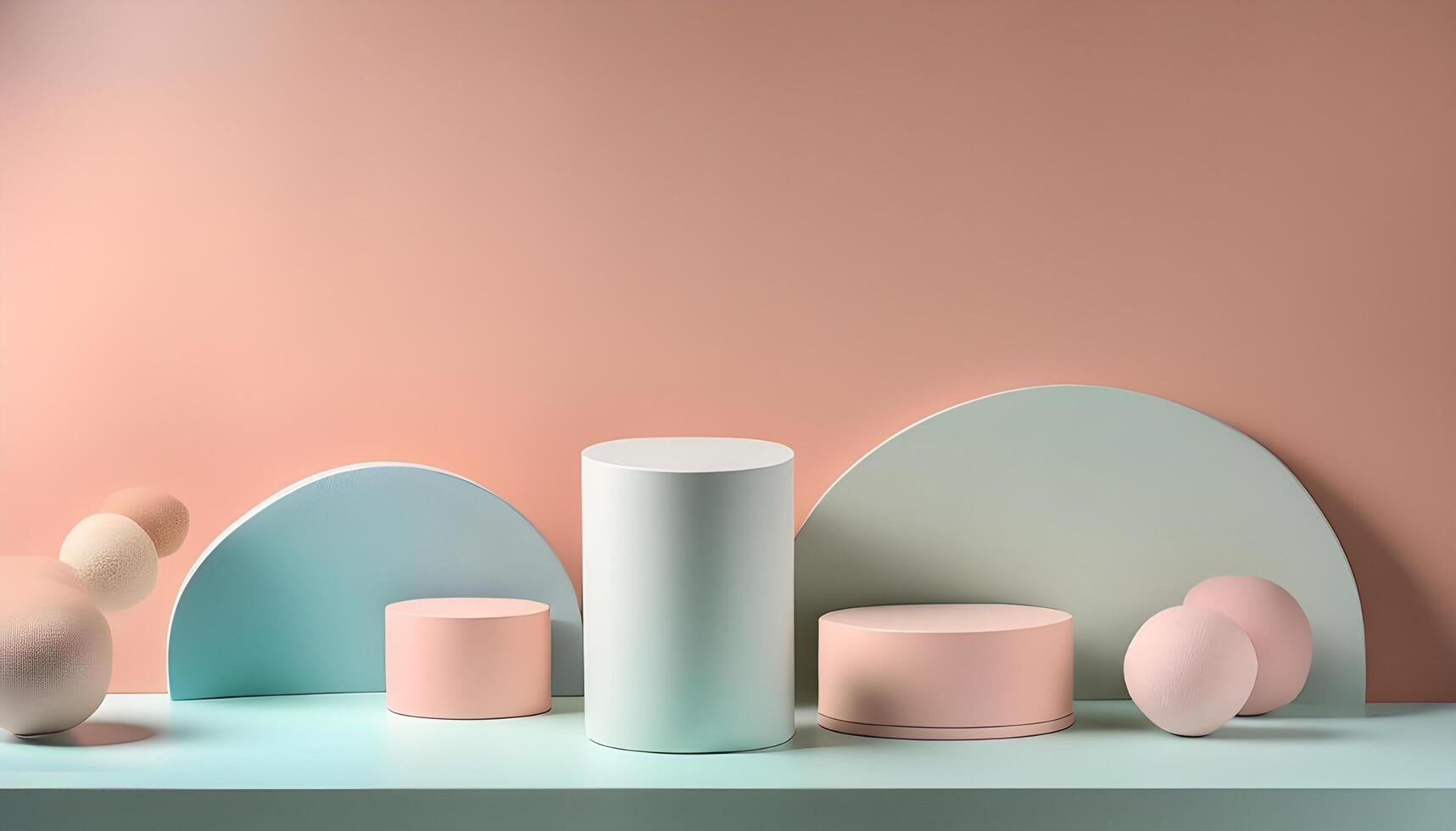 3d background product display podium scene.Set of beige blue pink and white realistic 3d cylinder pedestal podium in pastel colorful abstract rooms photo