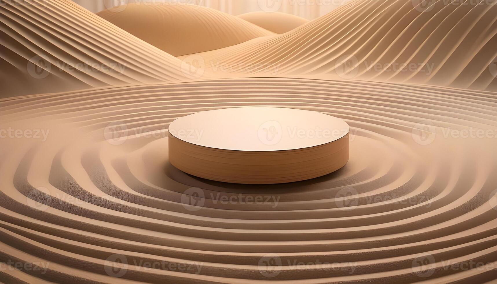 3d background product display podium scene. the podiums with textures reminiscent of raked sand lines found in a Zen garden photo