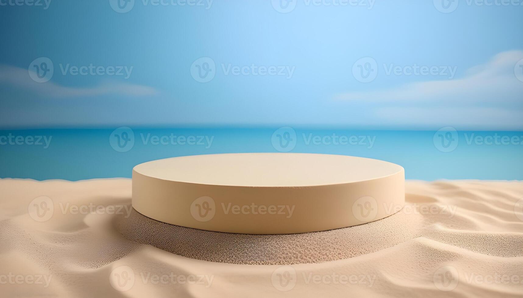 3d Wooden platform podium with a beach product presentation background photo