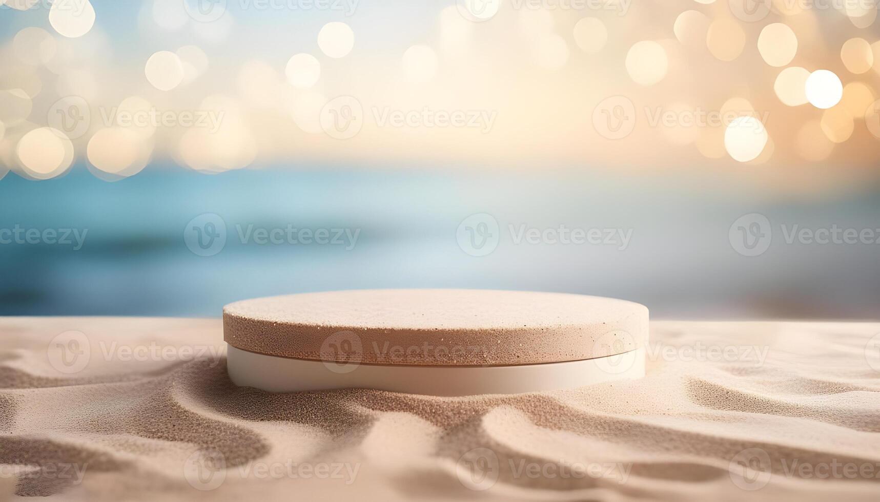 3d Wooden platform podium with a beach product presentation background photo