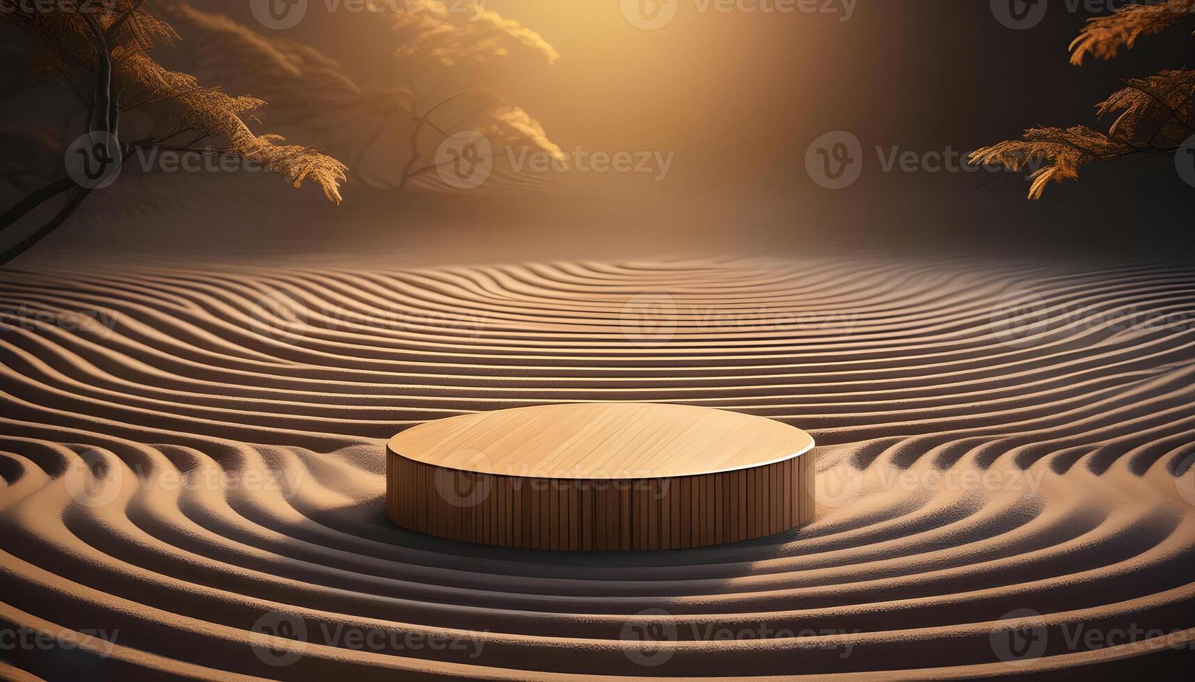 3d background product display podium scene. the podiums with textures reminiscent of raked sand lines found in a Zen garden photo