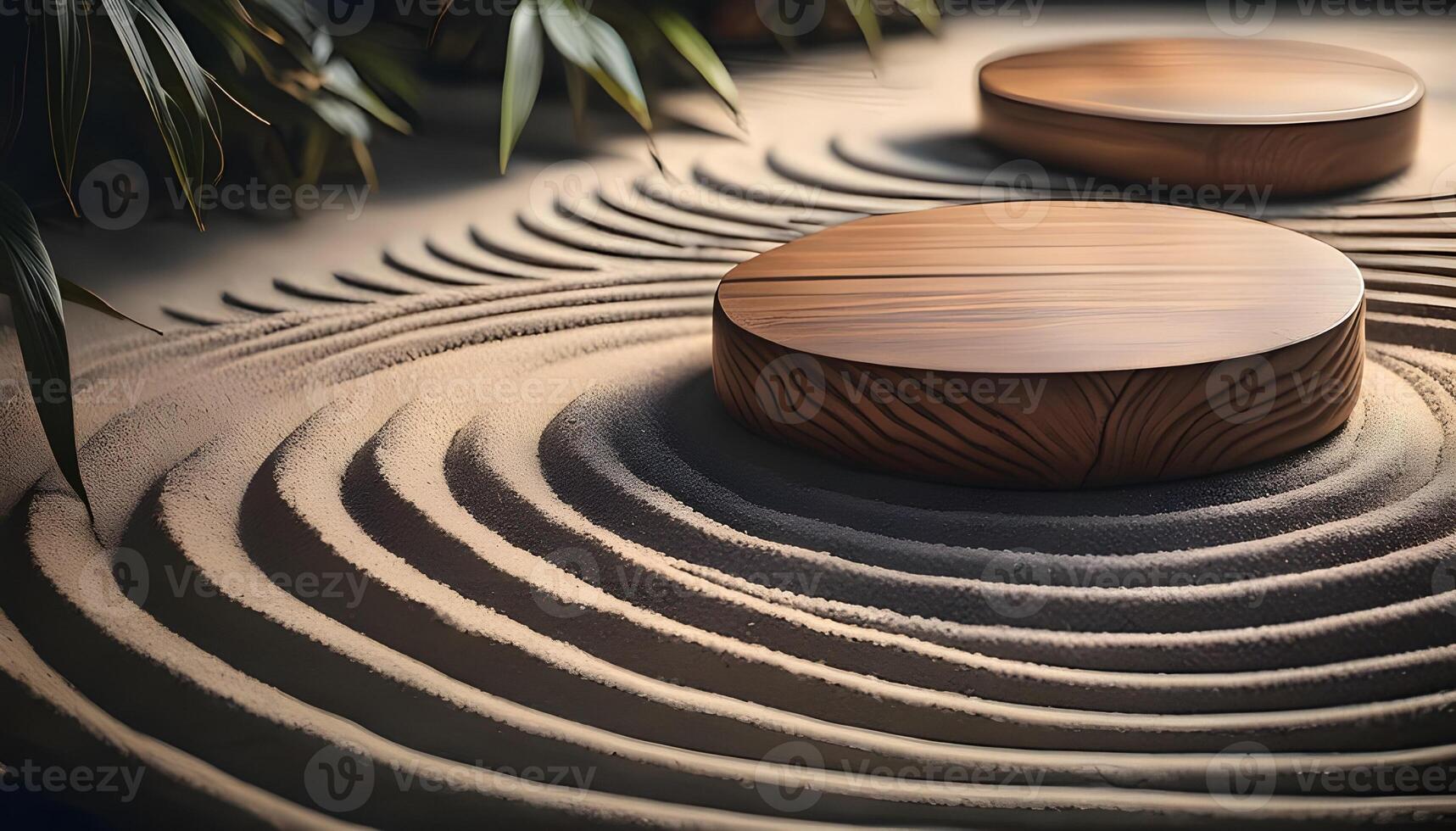 3d background product display podium scene. the podiums with textures reminiscent of raked sand lines found in a Zen garden photo
