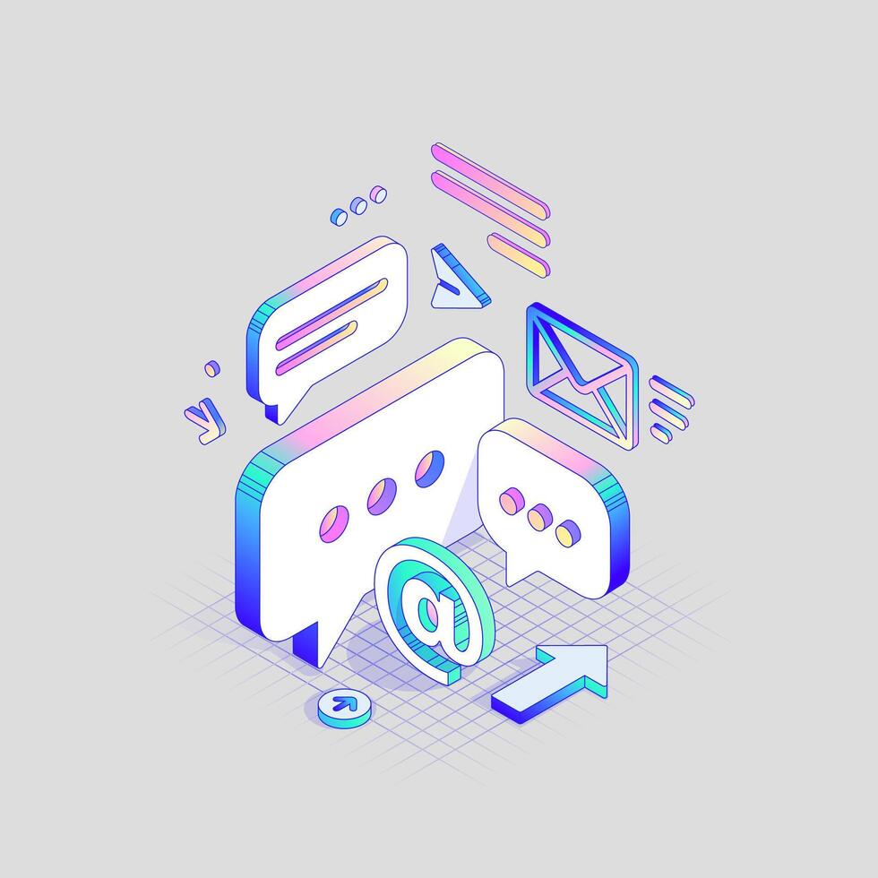 3d Messages Button in different Isometric Dimension in Holographic colors. At symbol and Bubble Speech illustration vector