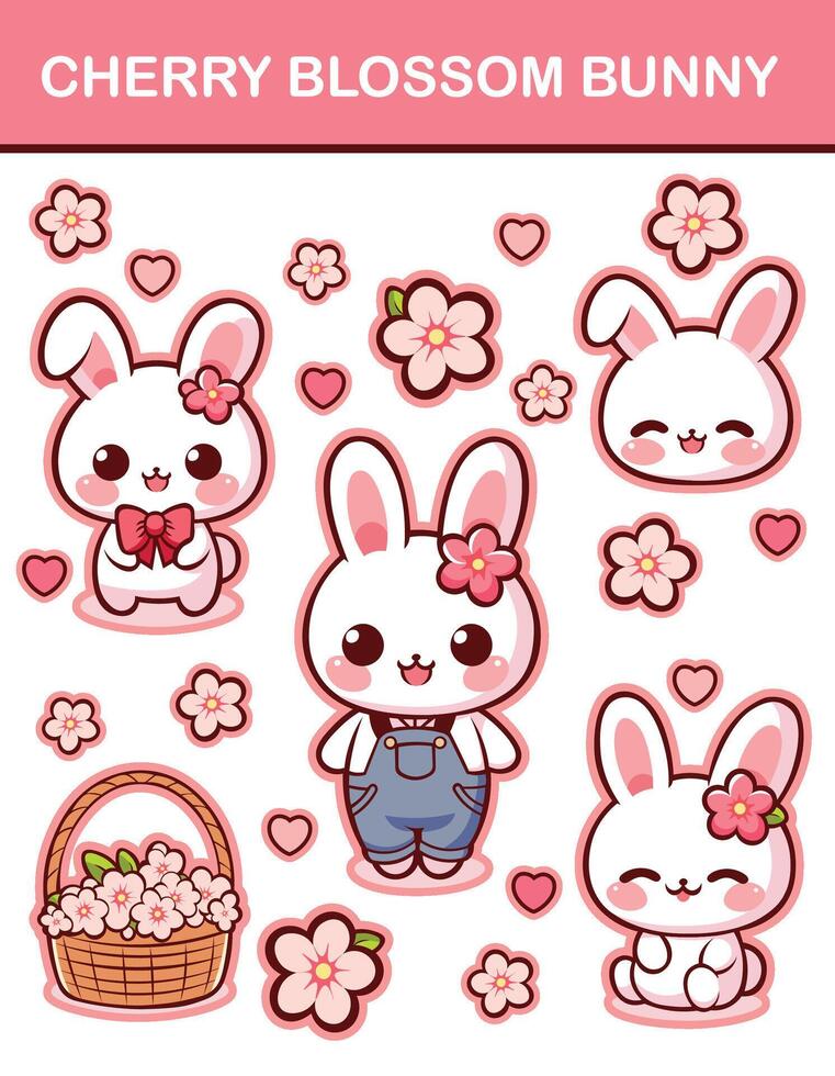 Kawaii Cherry Blossom Bunny Sticker Sheet Set vector