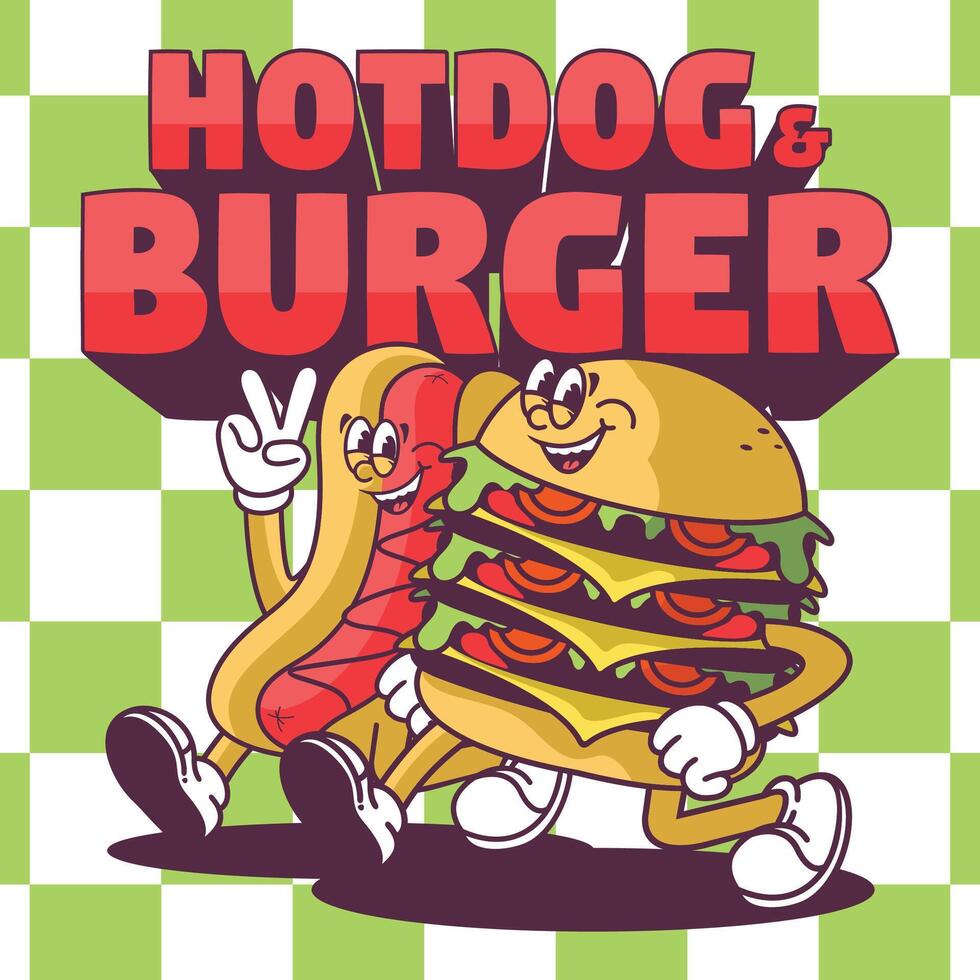 Funny cartoon character of burger. Can be used as Sticker, posters, prints. Retro cartoon style. illustration vector