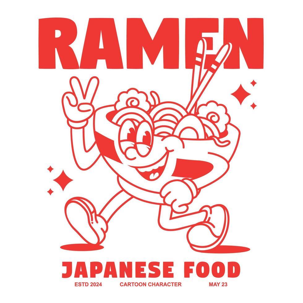 Funny cartoon character of ramen japanese food. Can be used as Sticker, posters, prints. Retro cartoon style. vector