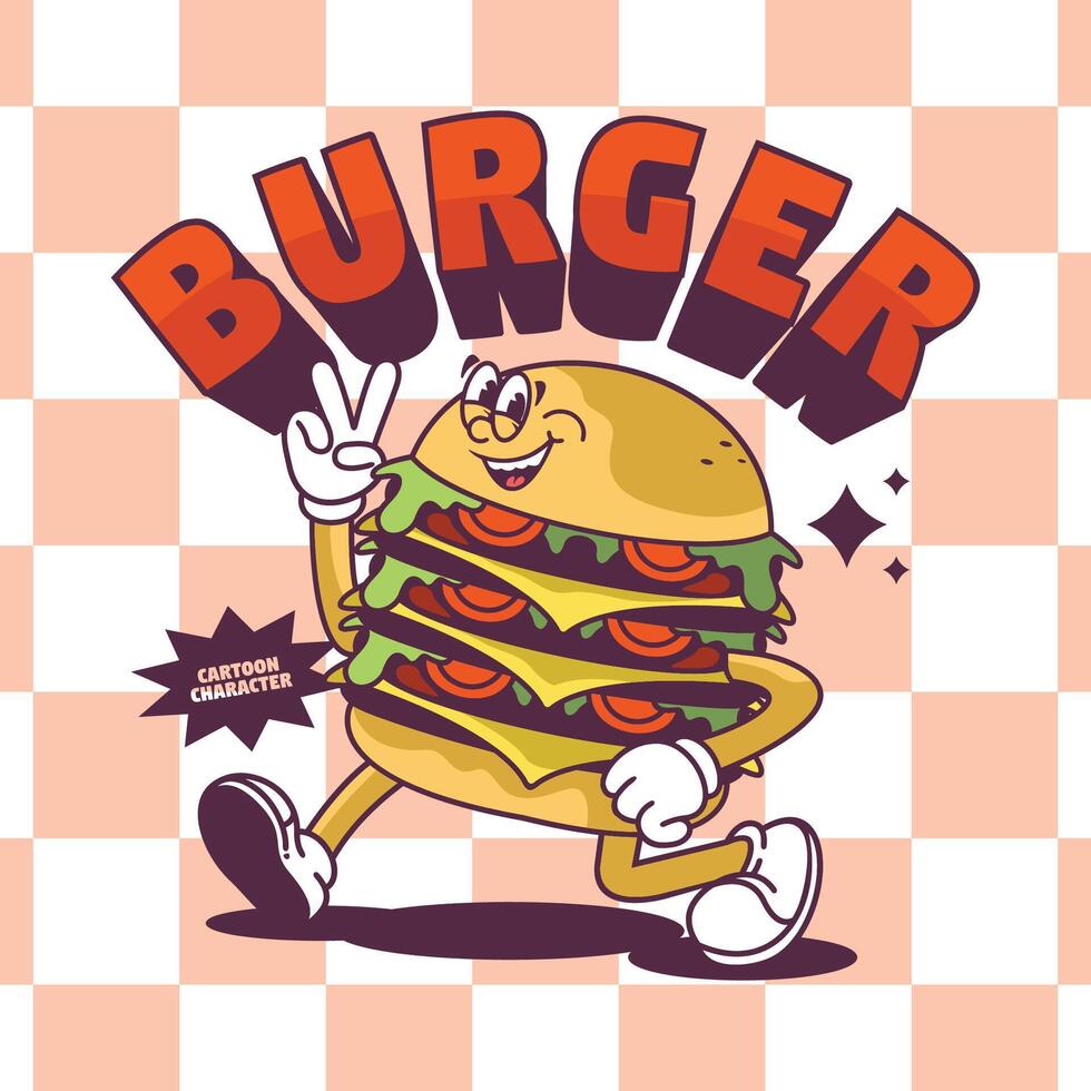 Funny cartoon character of burger. Can be used as Sticker, posters, prints. Retro cartoon style. illustration vector