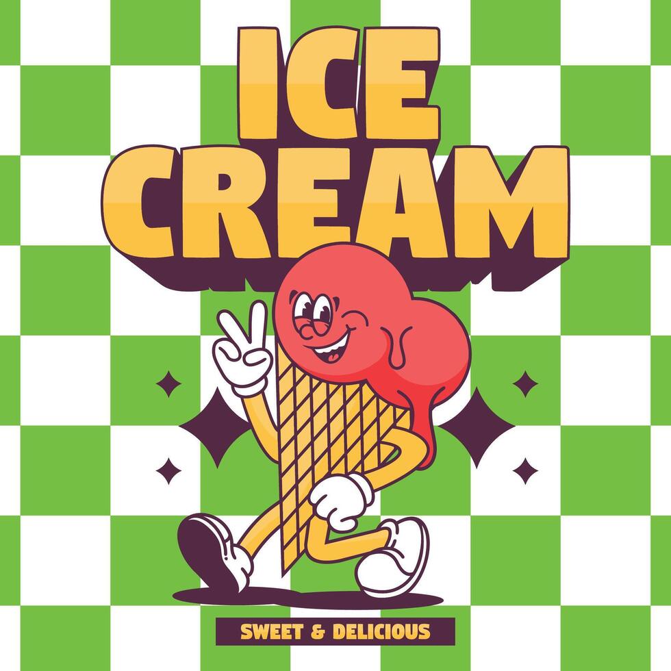 Funny cartoon character of ice cream. Can be used as Sticker, posters, prints. Retro cartoon style. vector