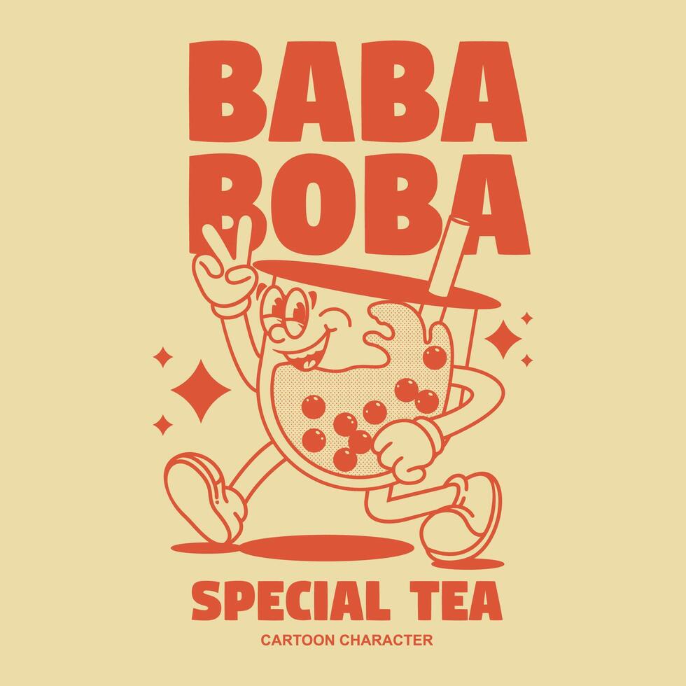 Funny cartoon character of boba tea. Can be used as Sticker, posters, prints. Retro cartoon style. vector