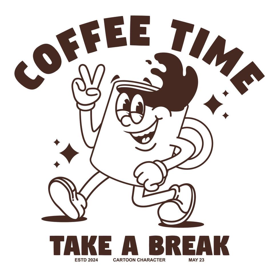 Funny cartoon character of a cup coffee. Can be used as Sticker, posters, prints. Retro cartoon style. vector