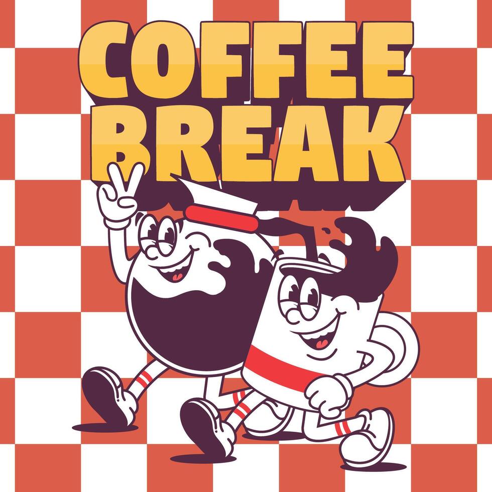 Funny cartoon character of a cup coffee. Can be used as Sticker, posters, prints. Retro cartoon style. vector