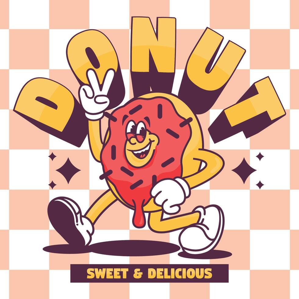 Funny cartoon character of donut. Can be used as Sticker, posters, prints. Retro cartoon style. vector
