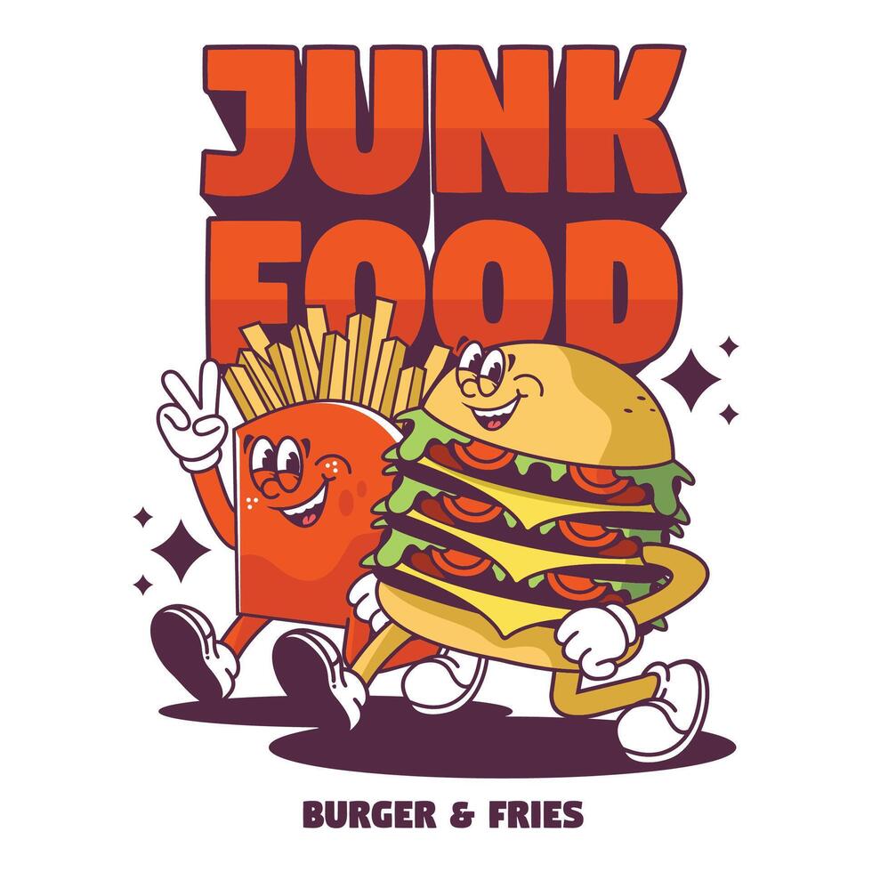 Funny cartoon character of burger. Can be used as Sticker, posters, prints. Retro cartoon style. illustration vector