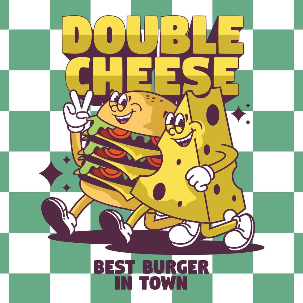 Funny cartoon character of burger. Can be used as Sticker, posters, prints. Retro cartoon style. illustration vector