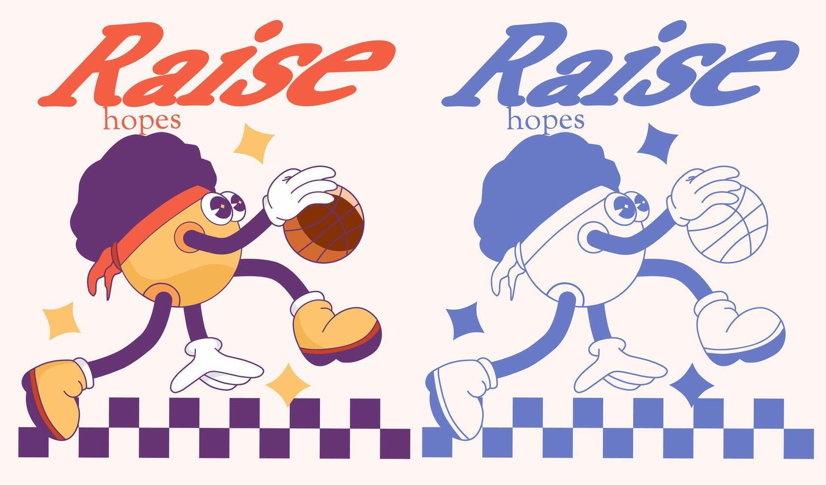 groovy cartoon emoji basketball player mascot soars through the air, ready to slam dunk the ball into the hoop, embodying the essence of hope, determination, and unwavering spirit. vector