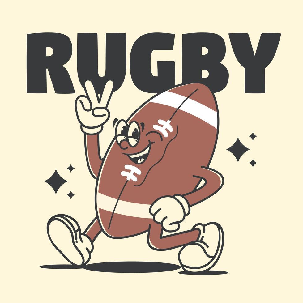 Funny cartoon character of rugby ball. Can be used as Sticker, posters, prints. Retro cartoon style. vector