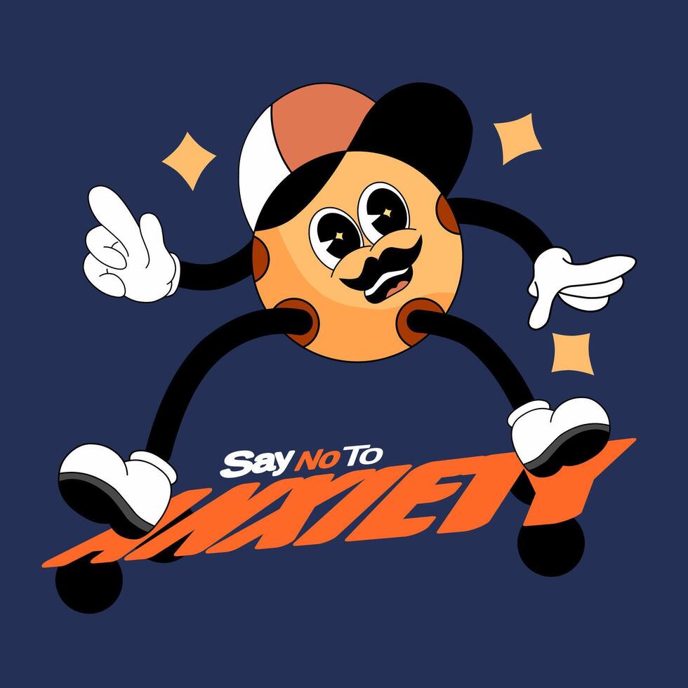retro cartoon illustration of a skateboarding cool teen emoji gleefully gliding, with the empowering message Say No to Anxiety boldly displayed beneath their board. vector