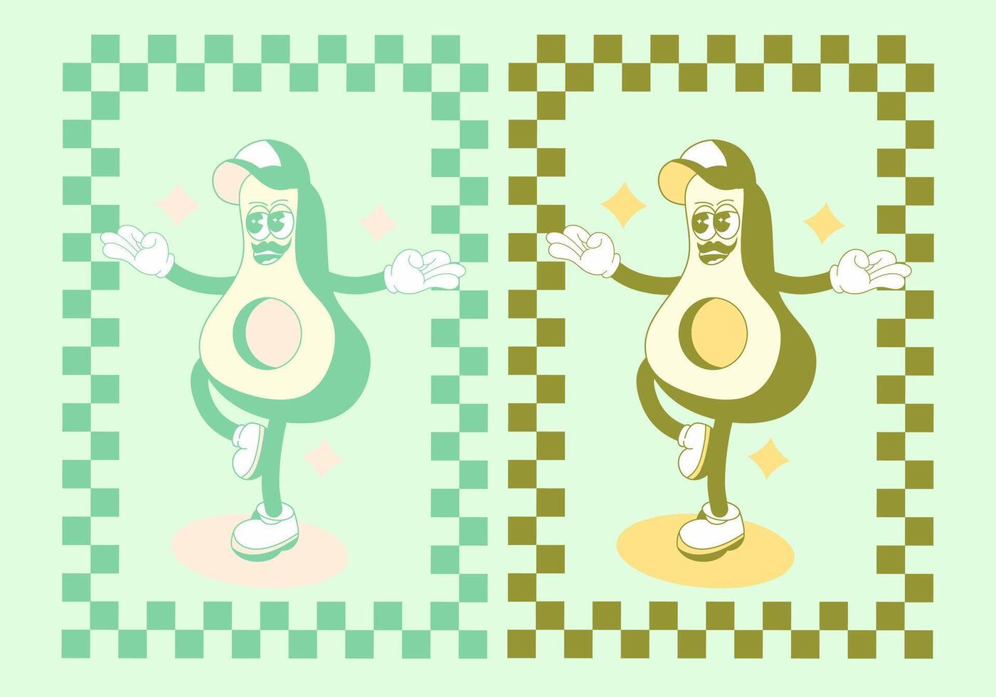 A groovy cartoon avocado mascot meditates in a yoga pose wearing a chill hat. vector