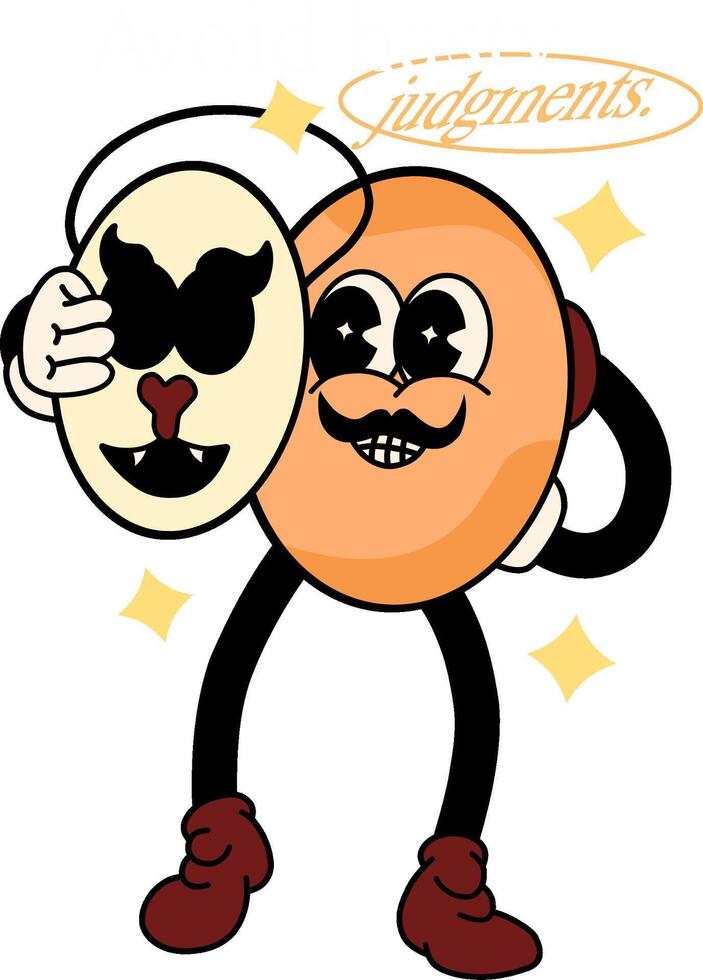 Groovy psychedelic 60s emoji mascot art wearing a hat and removing its spooky mask, representing the message of not judging others by their appearance before knowing the truth. vector