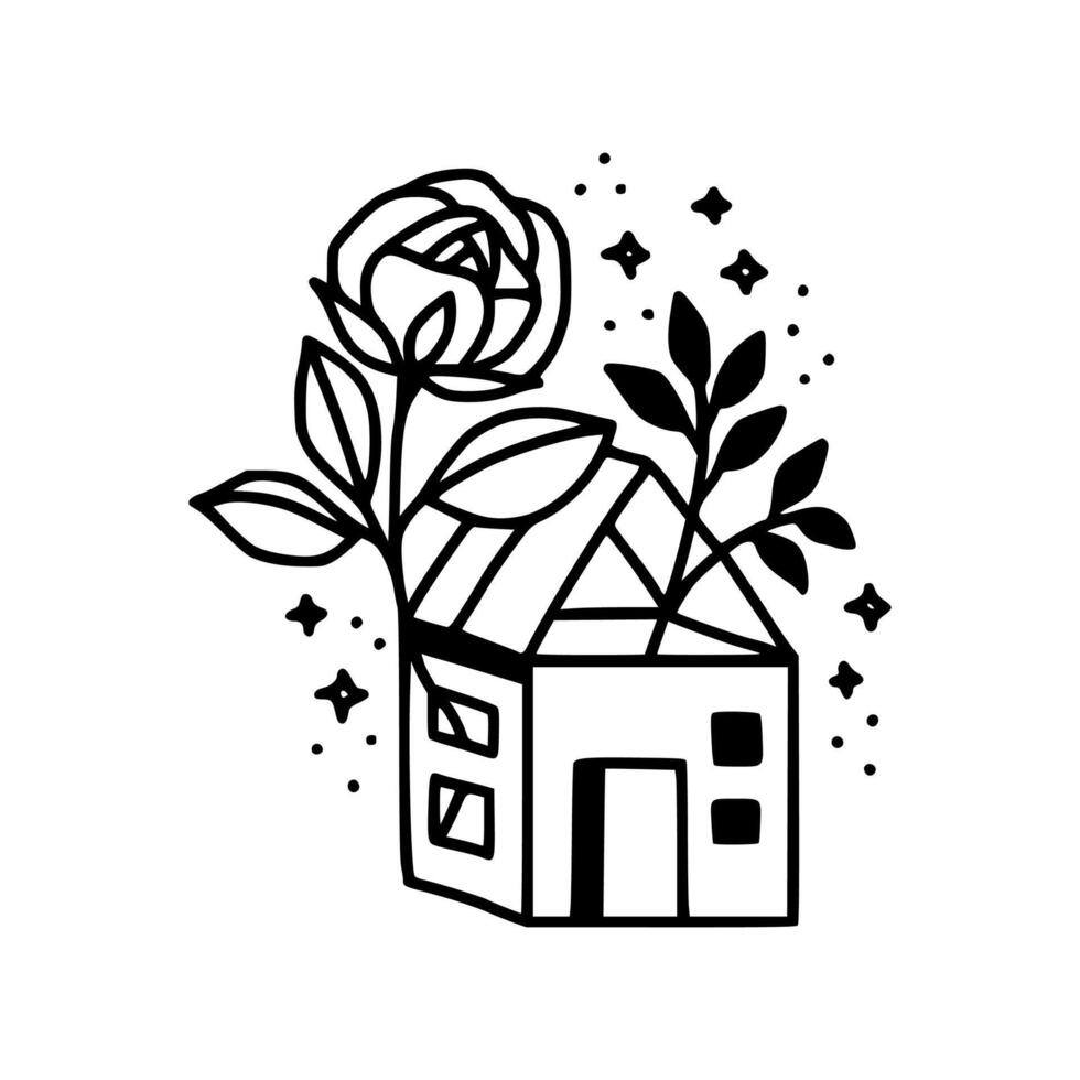 Hand drawn home and garden rose floral line art design for logo, symbol, icon, sticker, brand identity, and decorative elements vector