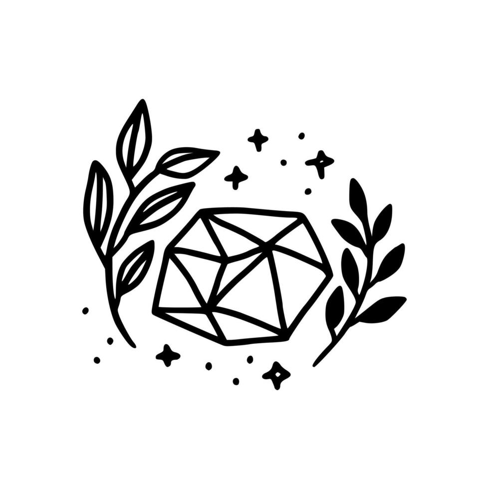 Collection of hand drawn magical elements with crystal, foliage, stars, leaf branch for feminine icon, beauty logo, emblem, and other purposes vector