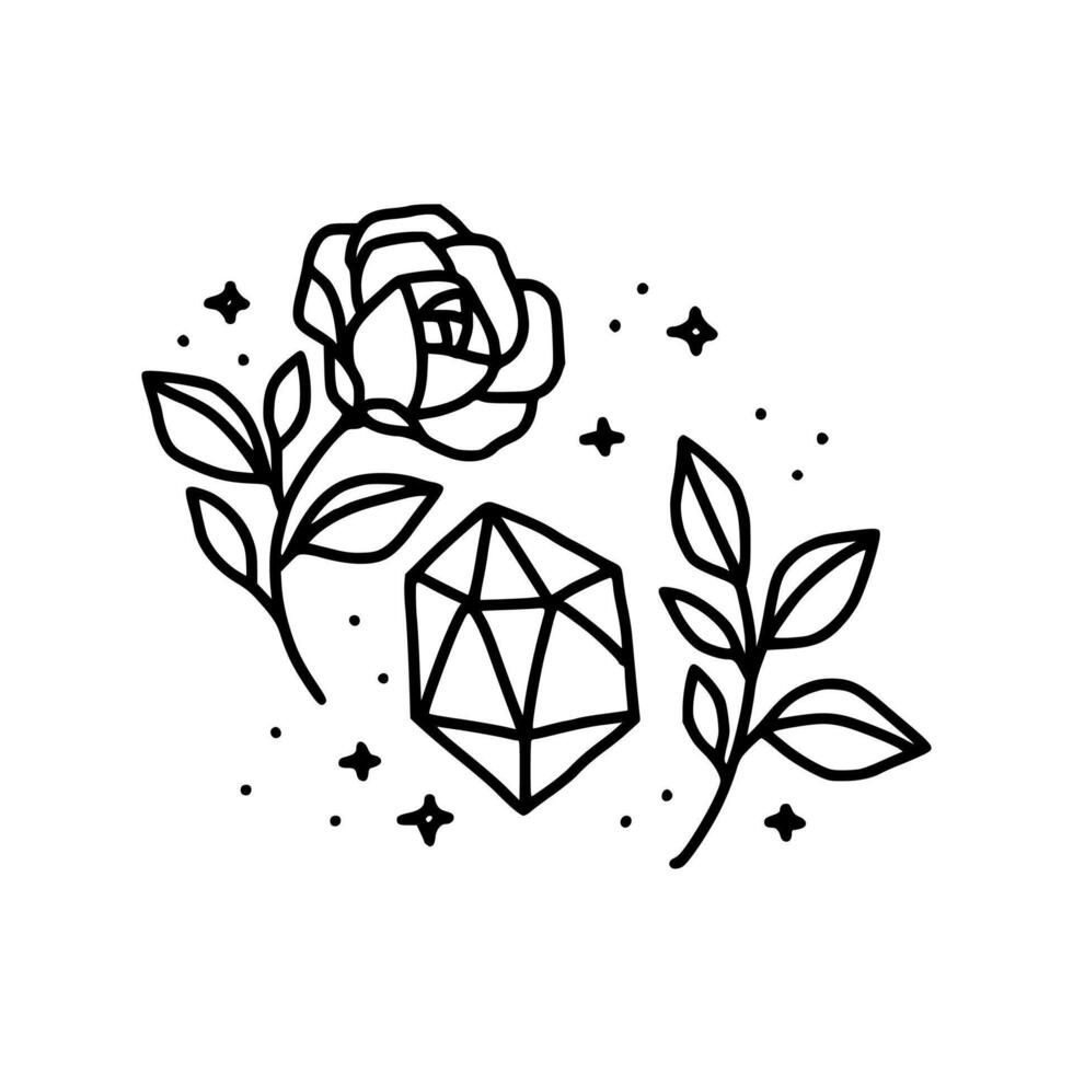 Collection of hand drawn magical elements with crystal, rose flower, stars, leaf branch for feminine icon, beauty logo, emblem, and other purposes vector
