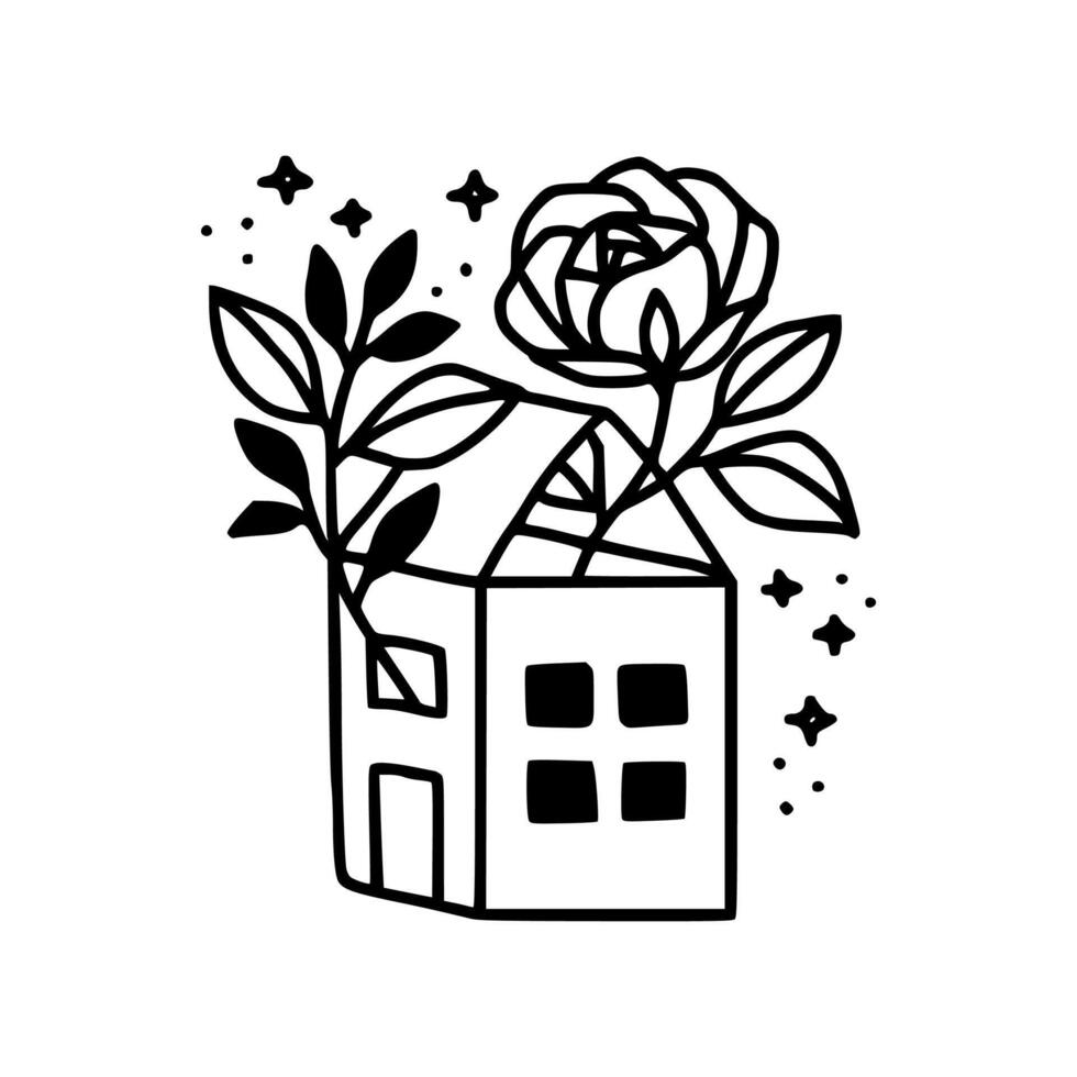 Hand drawn home and garden rose floral line art design for logo, symbol, icon, sticker, brand identity, and decorative elements vector