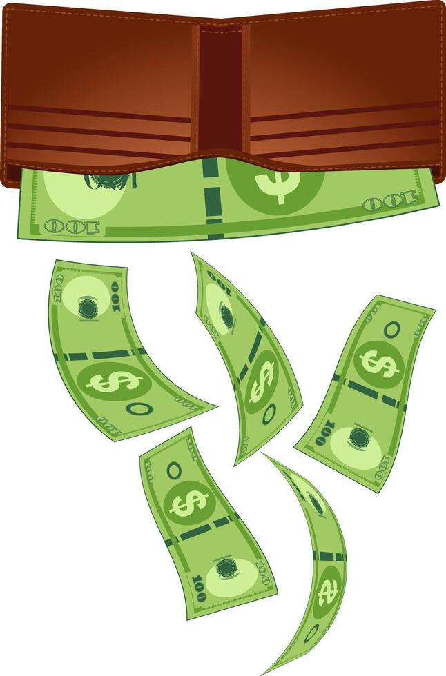 Dollar bills falling down out of wallet for overspending concept illustration vector
