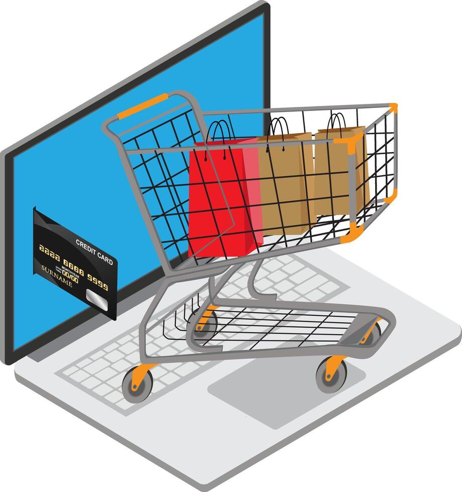 Laptop isolated and cart with products and credit card vector