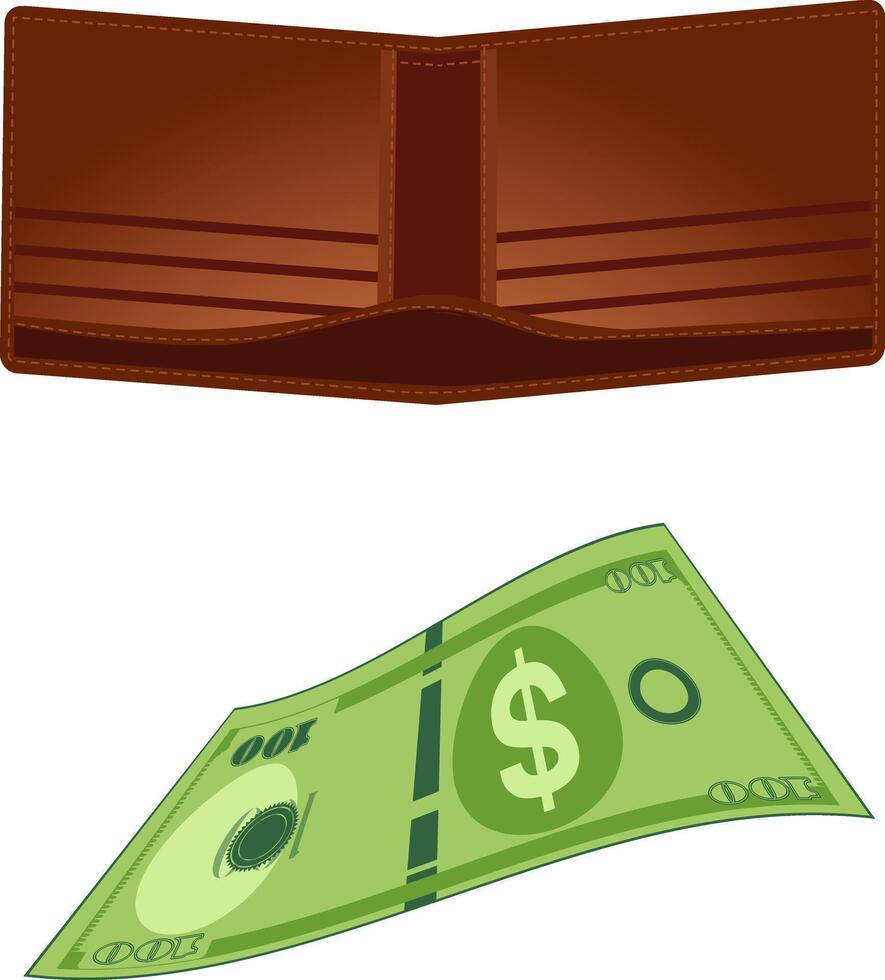 one hundred dollar bill fall out of empty wallet illustration vector