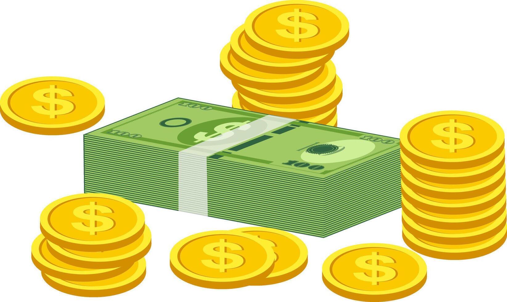 3D fan of dollar bank note with gold coin illustration vector