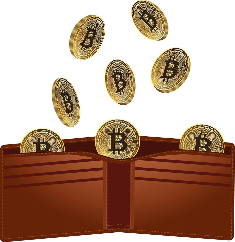 Bitcoin falling into wallet illustration vector