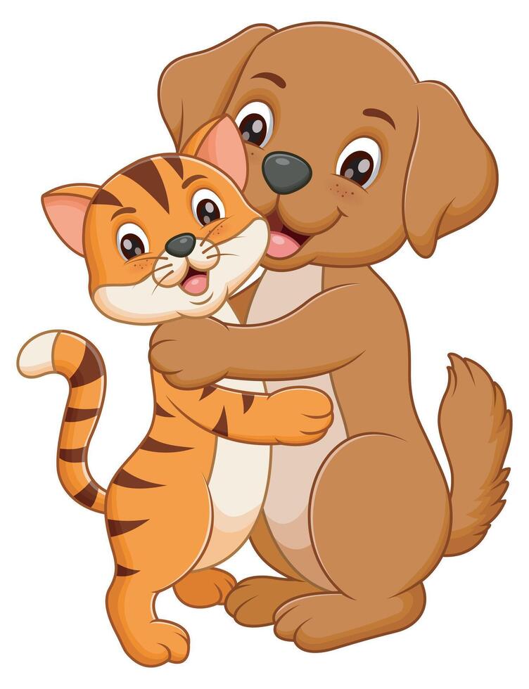 Cute Dog And Cat Cartoon Embracing Each Other. Animal Nature Icon Concept vector
