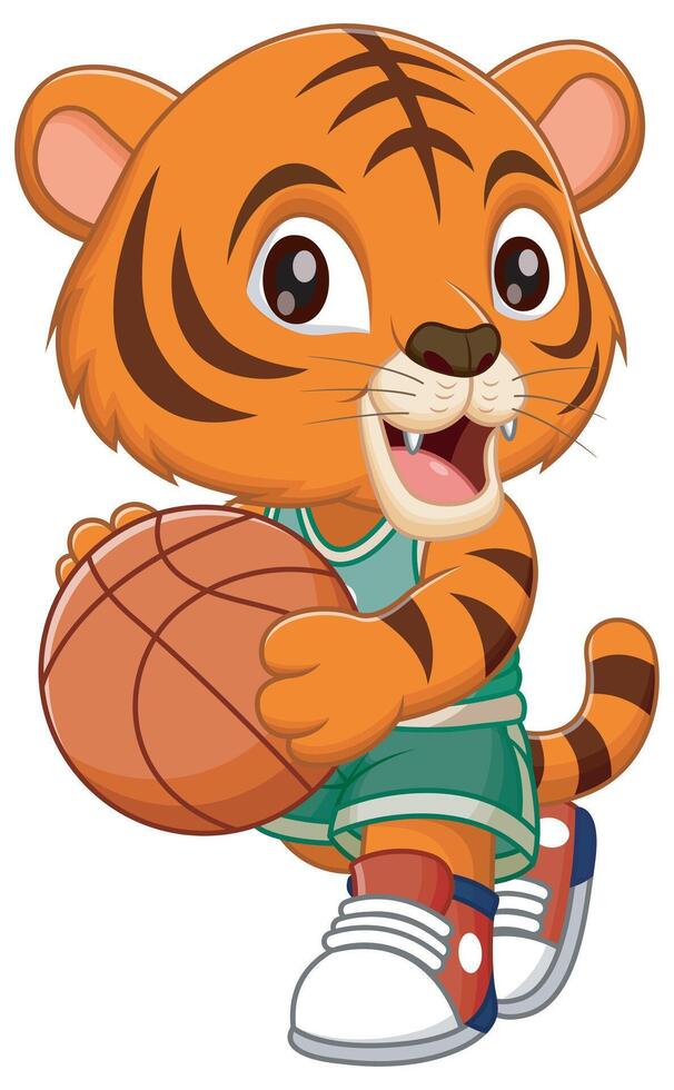 Cute Tiger Cartoon Playing Basketball. Animal Nature Icon Concept vector