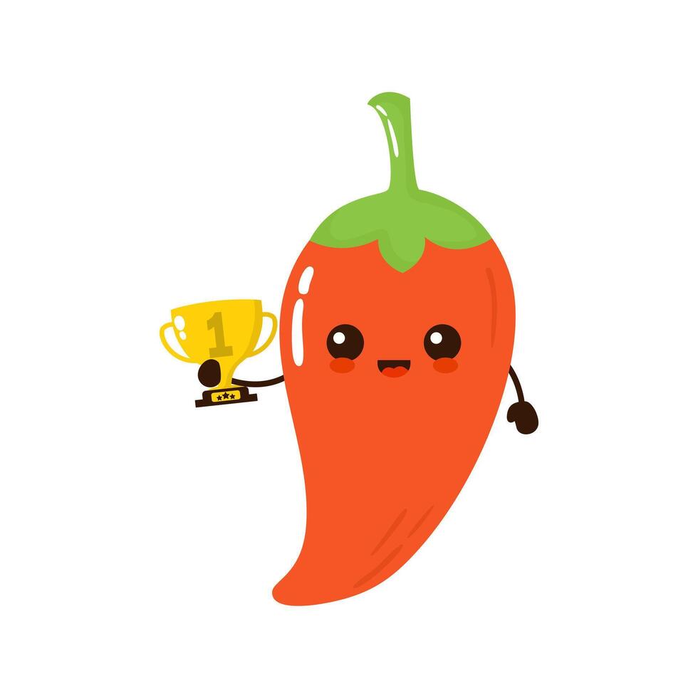 Cute happy chili with gold trophy. flat vegetarian cartoon character illustration icon design vector