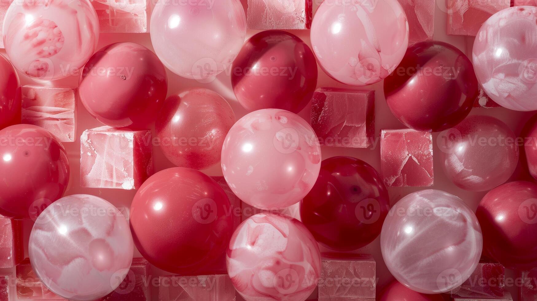 Pink and Red Marble Balls and Ice Cubes in Abstract Arrangement photo